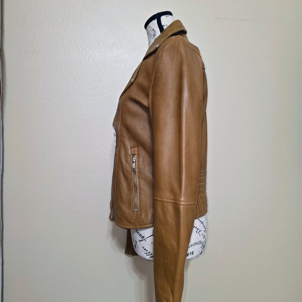 Spanish Genuine Sheep Leather Double Zip Moto Biker Jacket Brown - Picture 4 of 6